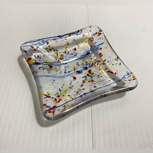 Trinket Dish Hand Craft Glass Fused Art Plate For Small Items Multicolor Vintage